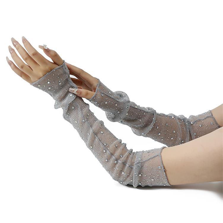 1 Paio di Maniche da Braccio in Pizzo con Strass Lucidi Guanti Lunghi Senza Dita Protezione Solare Rete Sottile Traspirante Polsino in Seta Glaciale per Guida per Donne