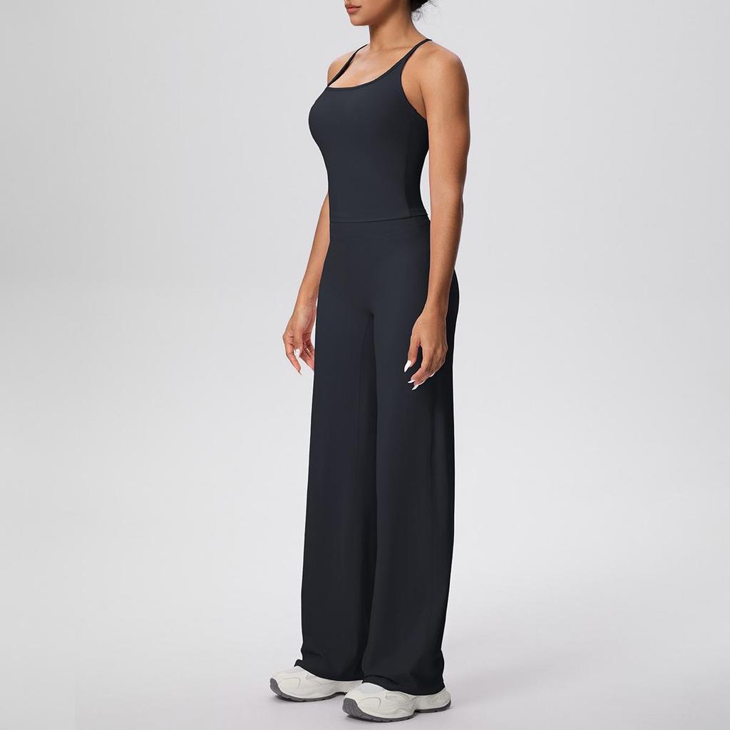 Solid Color Racerback Tank & High Waist Wide-Leg Yoga Pants Fitness Set