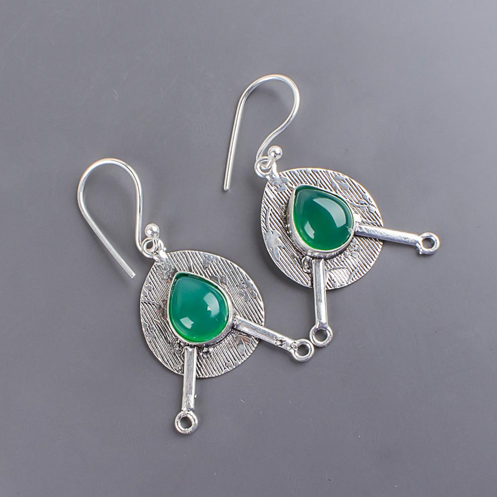 Green Onyx Cab Gemstone Earrings, 925 Solid Sterling Silver Jewelry, Handmade Artisans Earrings For Wedding Gift
