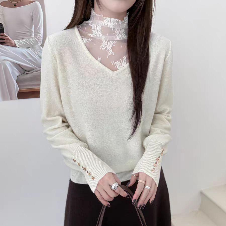 

Lace Patchwork Wool Sweater One Size