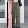 Streetwear Pockets Vintage Wide Leg Pants Women Fashion Loose Cargo Pants Women Solid Mid-Waiat Straight Trouser Pantalons 29649