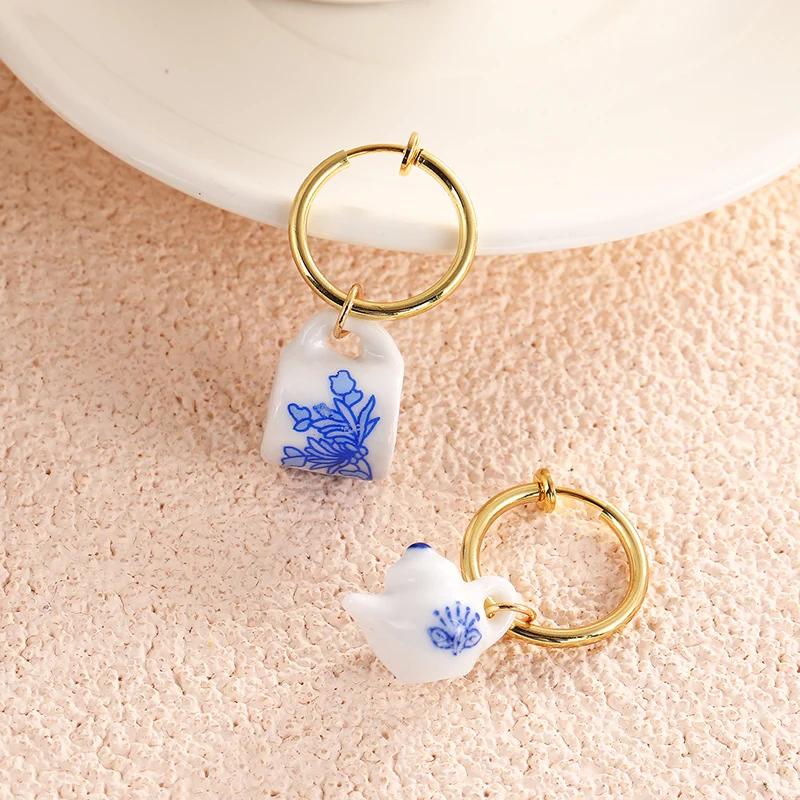 Chinese Style Hand Painted Ceramic Beads Earrings Pentagram Teapot Cup Shape Drop Earrings for Women Classic Designed Jewelry
