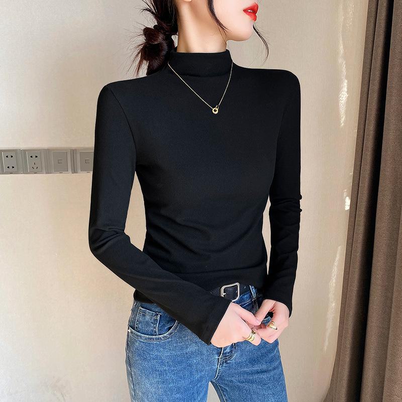Women's Slim Fit Plush Shirts - Half-High Collar, Long Sleeves, Perfect for Autumn/Winter