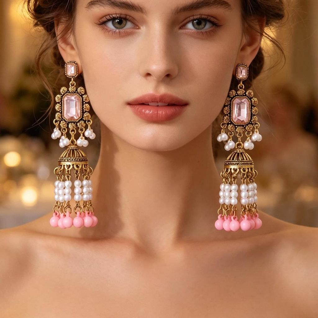 Bohemian Ethnic Pearl Tassel Earrings with Indian-Style Bells and Niche Crystals