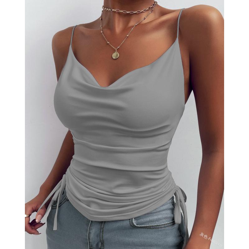 Popular European And American Summer Printing Sling Solid Color Dark V-Neck Sling Tight Drawstring Casual Small Vest