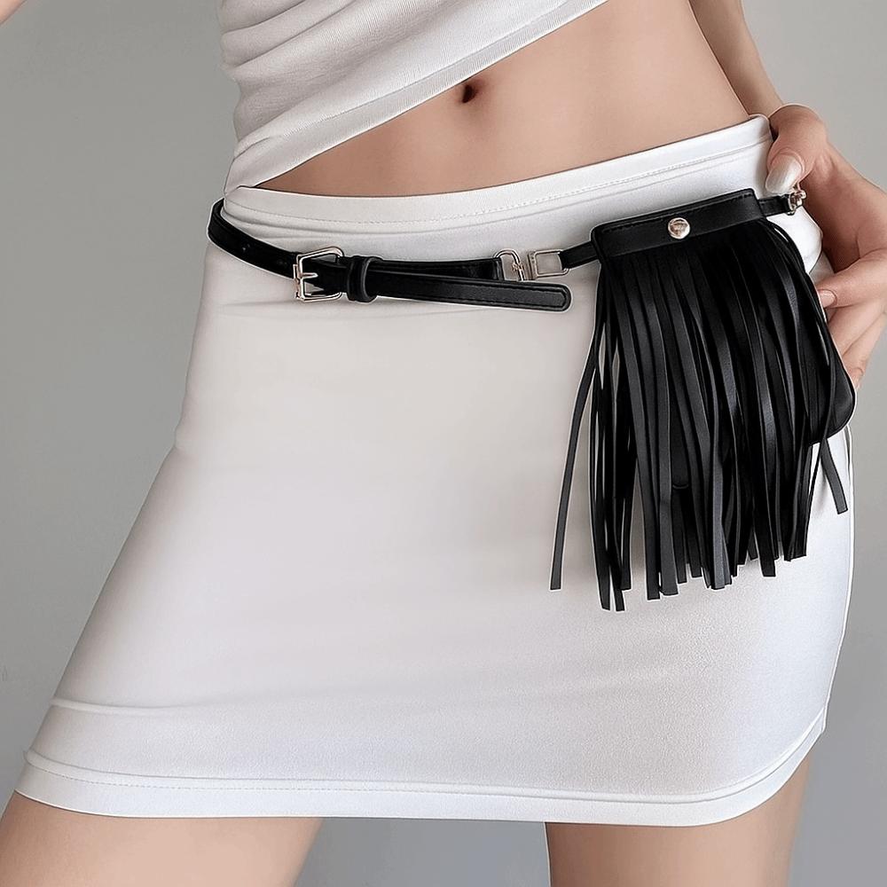 PU Leather Waistband with Bag Zinc Zinc Alloy Pocket Belts Waist Bag Tassel Belt  Streetwear