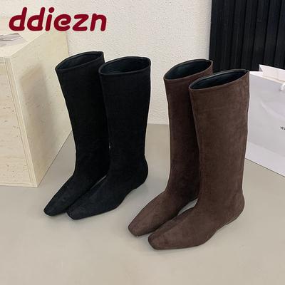 Fashion Flock Fashion Flats Women Knee High Boots Casual Female Slip On Shoes Pointed Toe Ladies Long Modern Boots Shoes