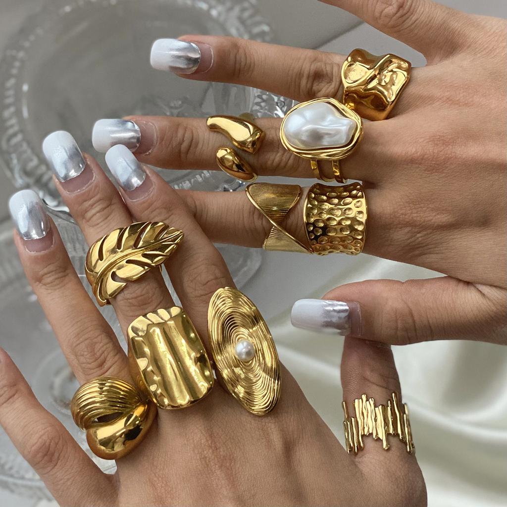 Uworld Fashion Pearl Leaf Ring Stacked Texture Strip Gold Color Adjustable Ring Women's Jewelry Gift For Her