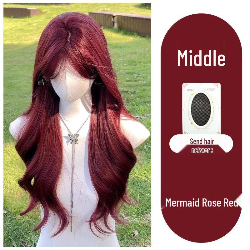 Mermaid Rose Red Long Curly Wig with Air Bangs for Women