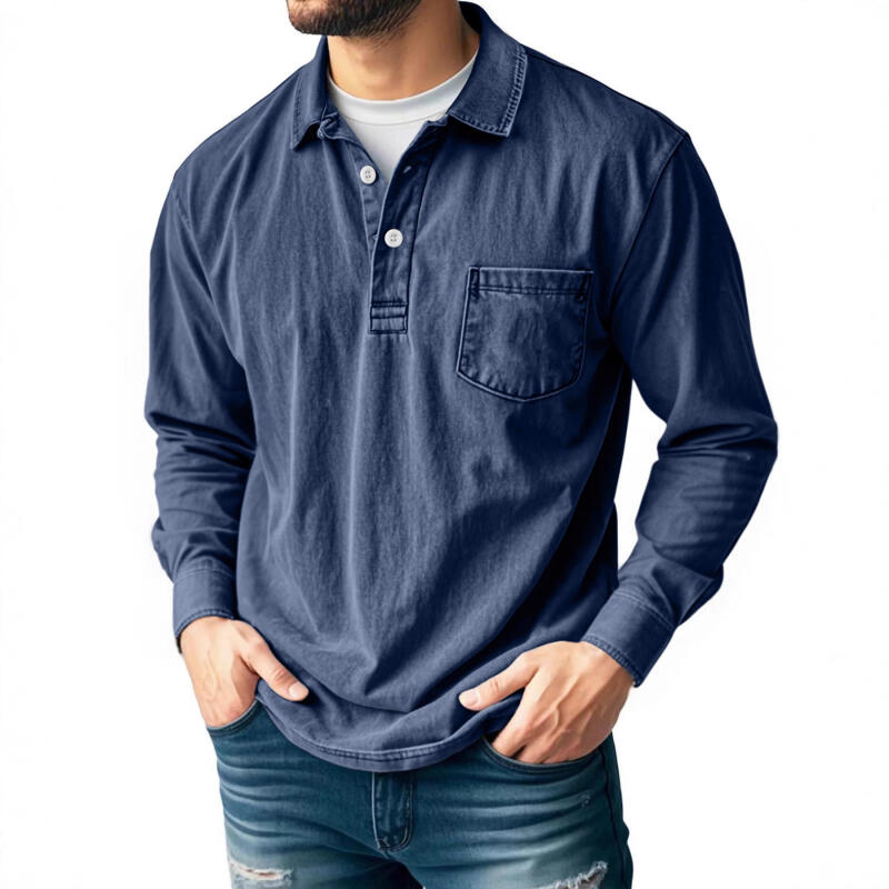 Spring Autumn Men's Retro Solid Color Cotton Polo Shirts Washed Sports Button Pocket Lapel Collar Long Sleeve Tops