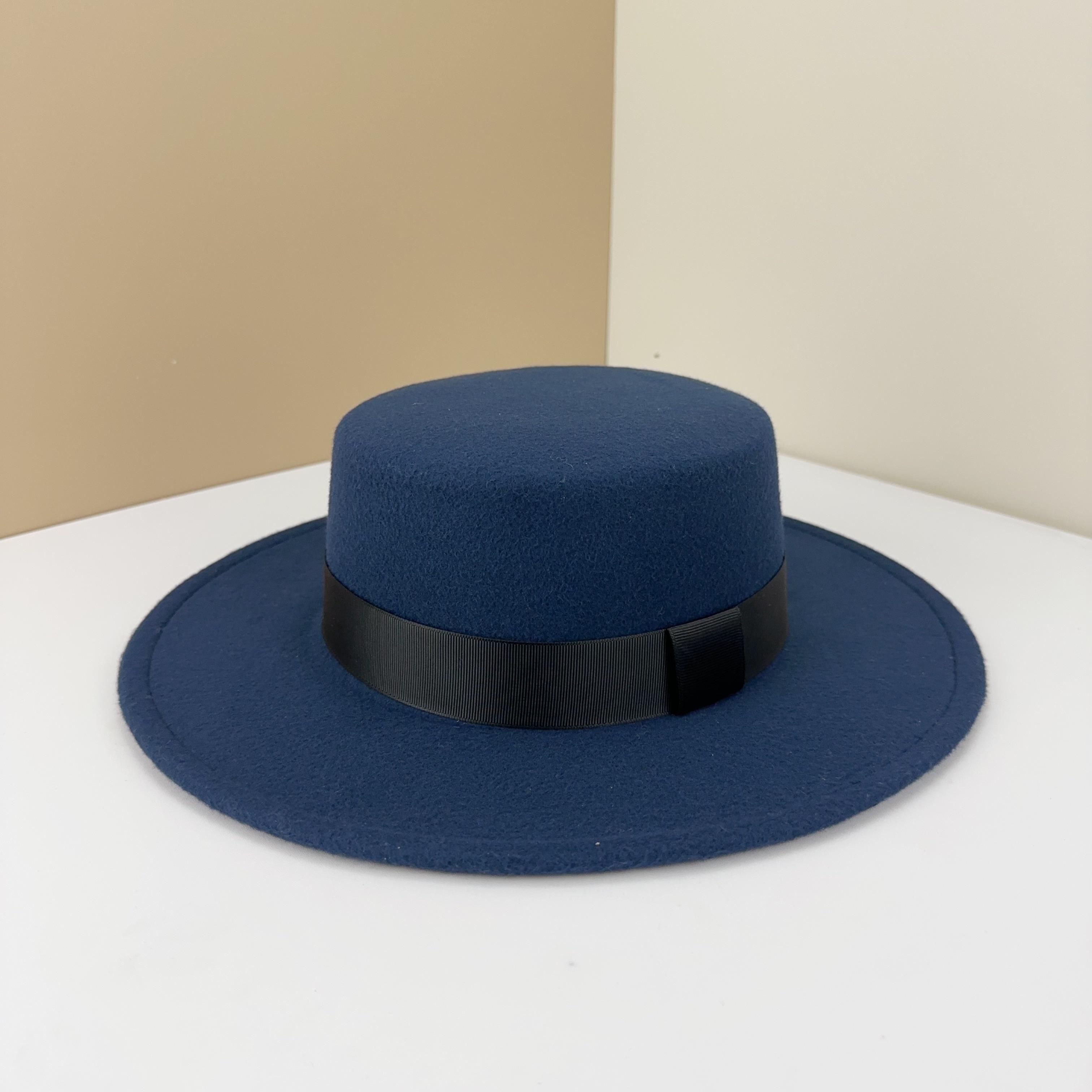 

Цилиндрическая шляпа британская черная шляпа с плоским верхом Hepburn Gentleman Jazz Hat Flat Brim Woolen Wide Brim Мужские и женские шляпы Adjustable M (56-58cm) темно-синий