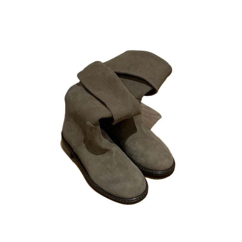 Cowhide version~ genuine leather Korean version niche design sense flat bottom versatile comfortable medium tube boots stacking boots western