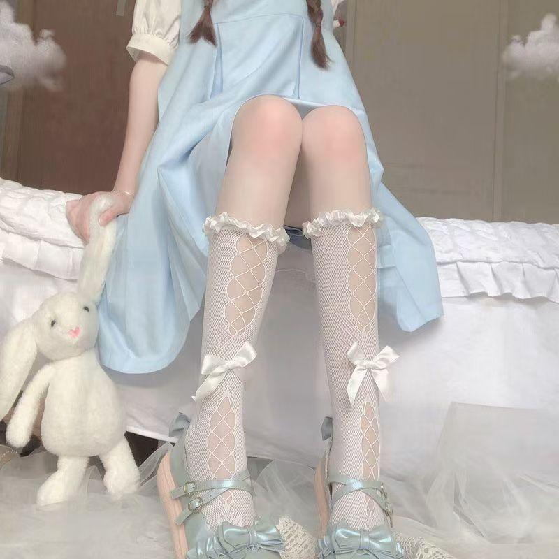 Japanese-Style Lace Ruffle Calf Socks for Women | JK Sweet Bowknot Knee-High Tie-Up Socks
