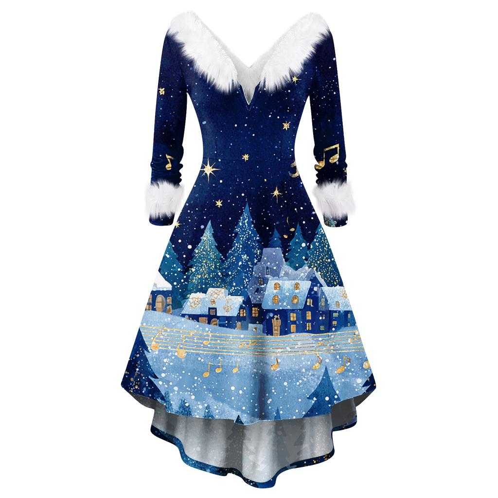 Women's Fashionable Casual Fitted Christmas Print Party Long-Sleeved Dress