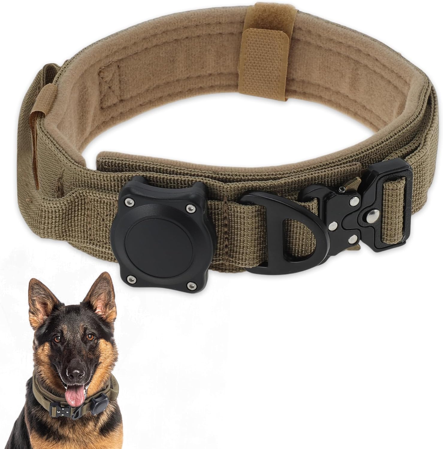 Dog Collar Waterproof Tactical Dog Collar with Control Handle Zinc Alloy Buckle Pte Collar for AirTag Medium Large Dogs Necklace M хаки