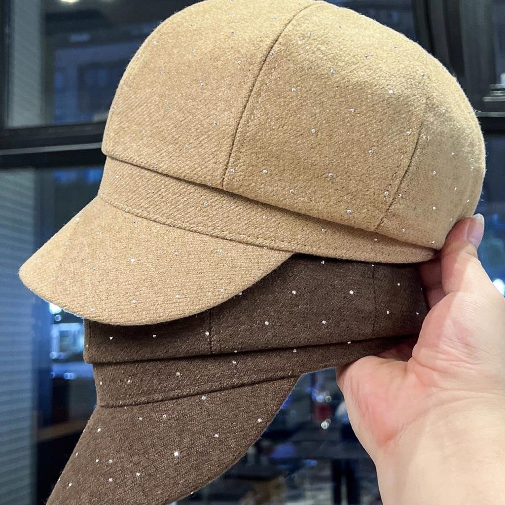 Retro Versatile Duck Tongue Beret Painter Heavy Industry Rhinestone New Octagonal Hat Children Show Elegant Temperament