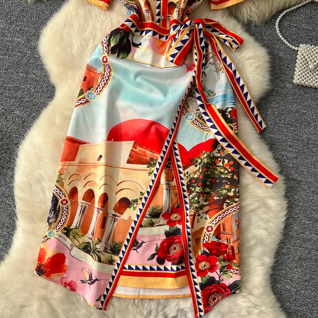 Sommer Damen Designer Vintage Print Laufstegkleid Kurzarm Schnürung Slim Bodycon Party Bleistiftkleider