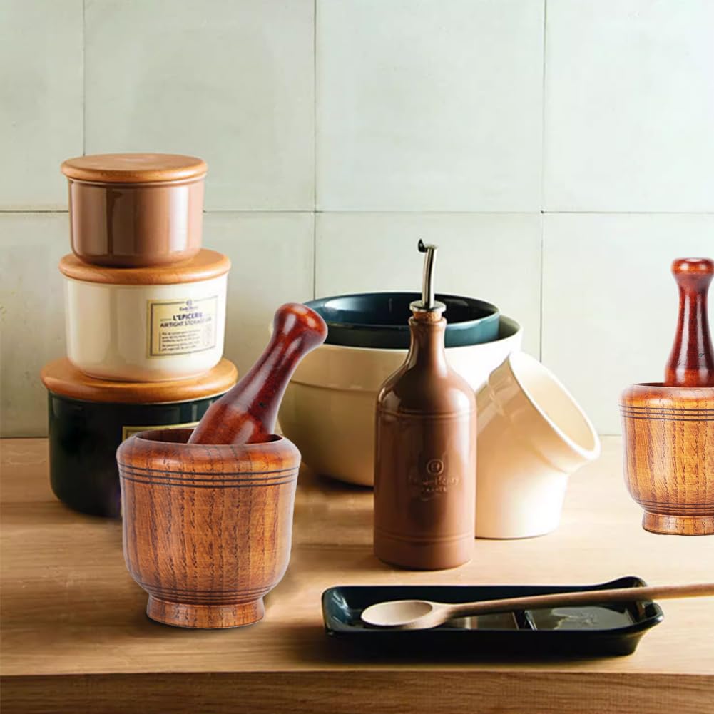 Mortar and Pestle Set, Pestle and Mortar Bowl, Wooden Mortar and Pestle Set, Kitchen Grinding Bowl Household Kitchen Manual Garlic Masher Set Mashing