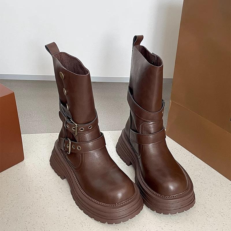 

Коричневые ретро ботинки Мартин на толстом каблуке и толстой подошве женские 2025 новые весенне-осенние в британском стиле тонкие и с высоким голенищем полусапоги 35 коричневый