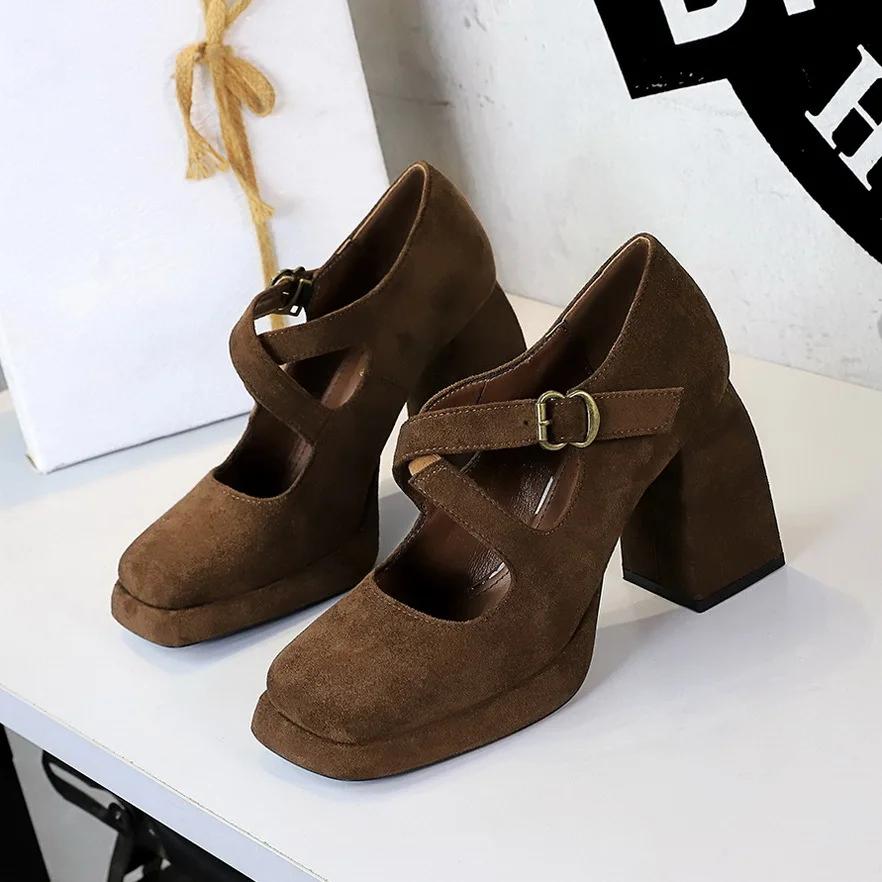 Fashion Thick Bottom High Heels Women Shoes Solid Fashion Temperament Single Shoe Spring Summer Ankle Buckle Elegant Woman Heeled Shoes