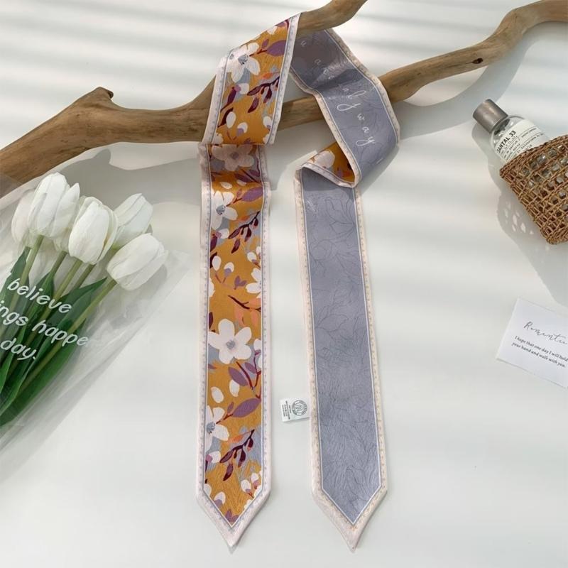 Soft Twill Satined Flower Pattern Neck Scarf Elegant Long Scarf Bag and Hair Tie for Stylish Women Daily Wear