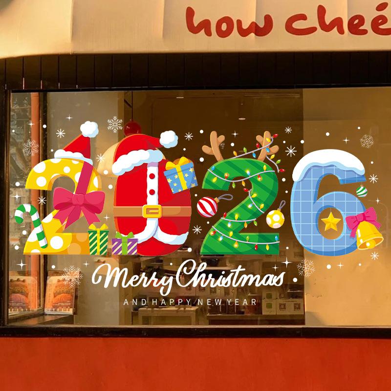 2026 New Christmas Decorations Happy New Year Snowman Pinecone Electrostatic Stickers Santa Claus Party Glass Stickers