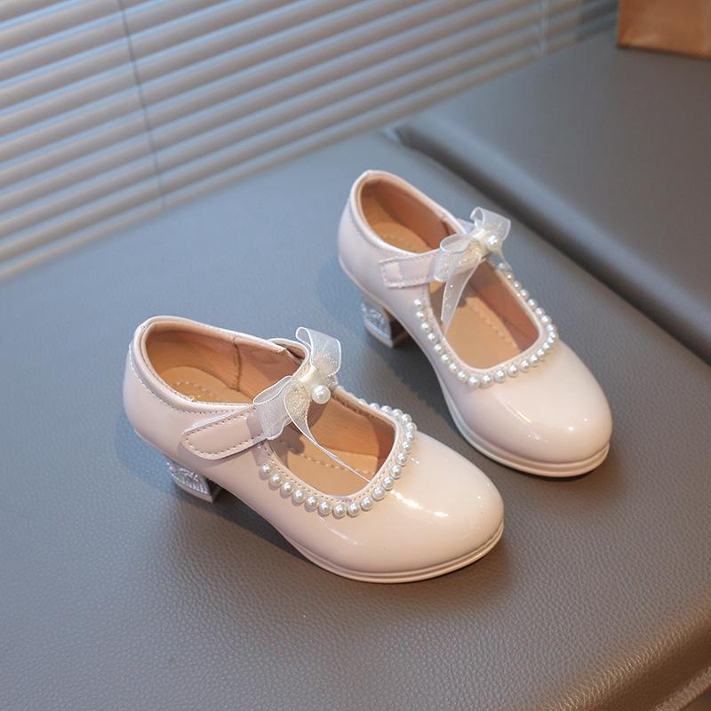 Girls Korean Style Princess Shoes with Ribbon Bow & Pearl High-Heeled Sandals for Performances Size 27 (Insole 17.9cm) покинуть белый