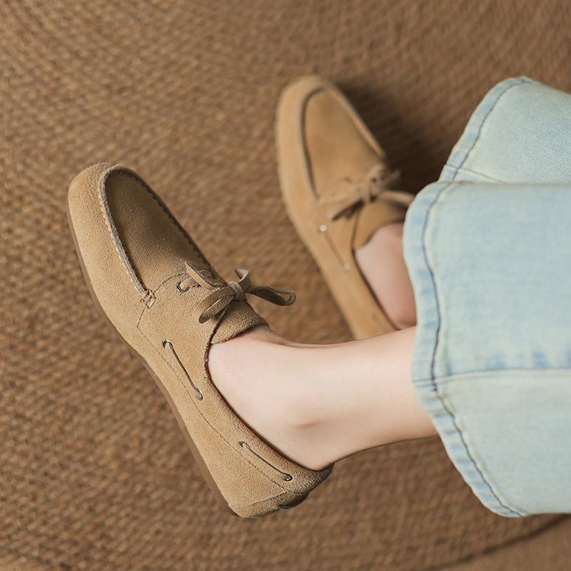 Fashion 2025 New Spring Genuine Leather Women Shoes Round Toe Women Flats Shoes for Women Retro Lace Up Loafers Fashion Ladies Shoes