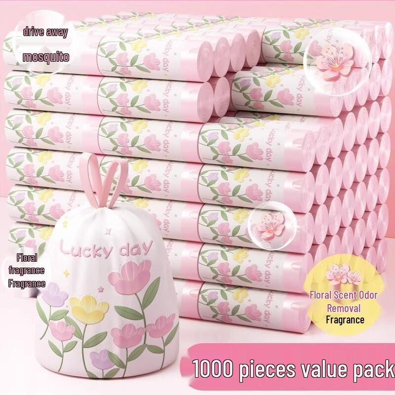 Jiemengzhe Tulip Thickened Drawstring Trash Bags, 5 Rolls