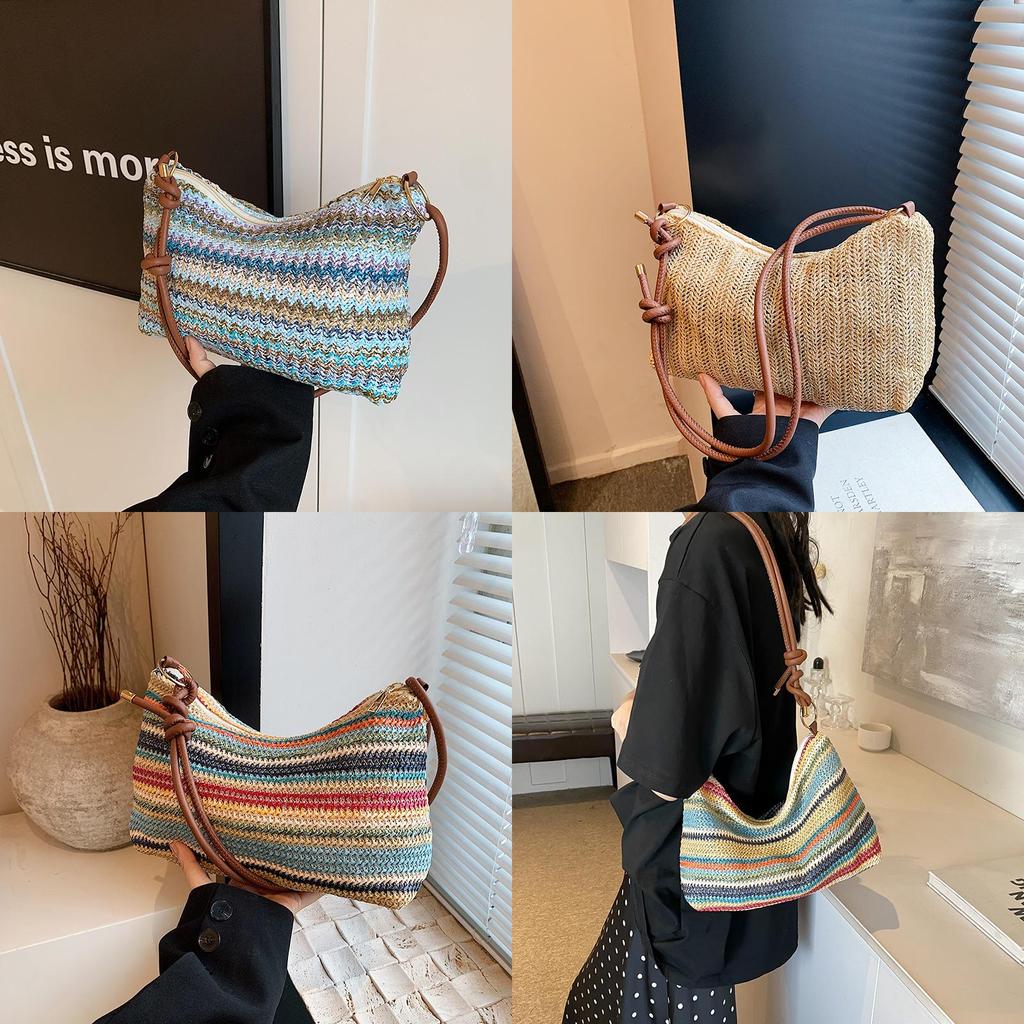 Summer Women Woven Bag With Zipper Closure For Casual Daily Use