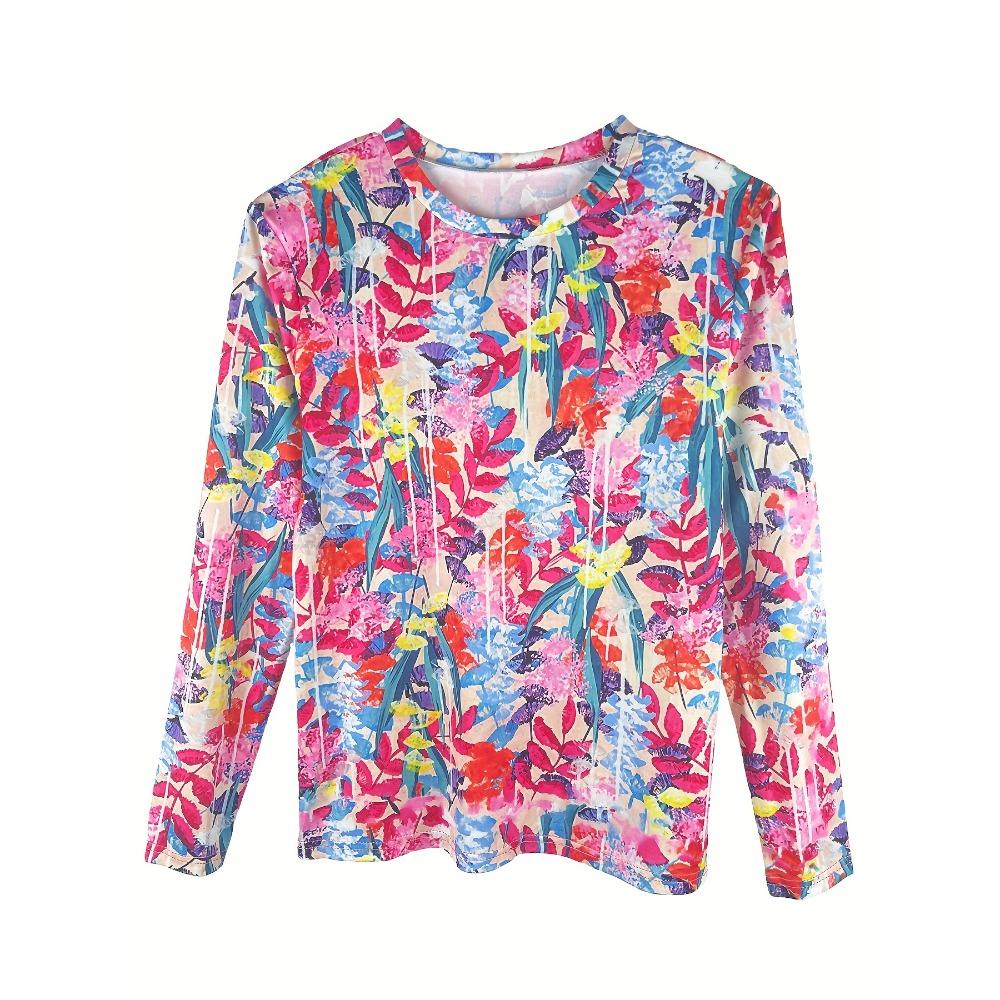 Colorful Plant Print Crew Neck T-Shirt Spring and Autumn Casual Long Sleeve Top Women's Clothing