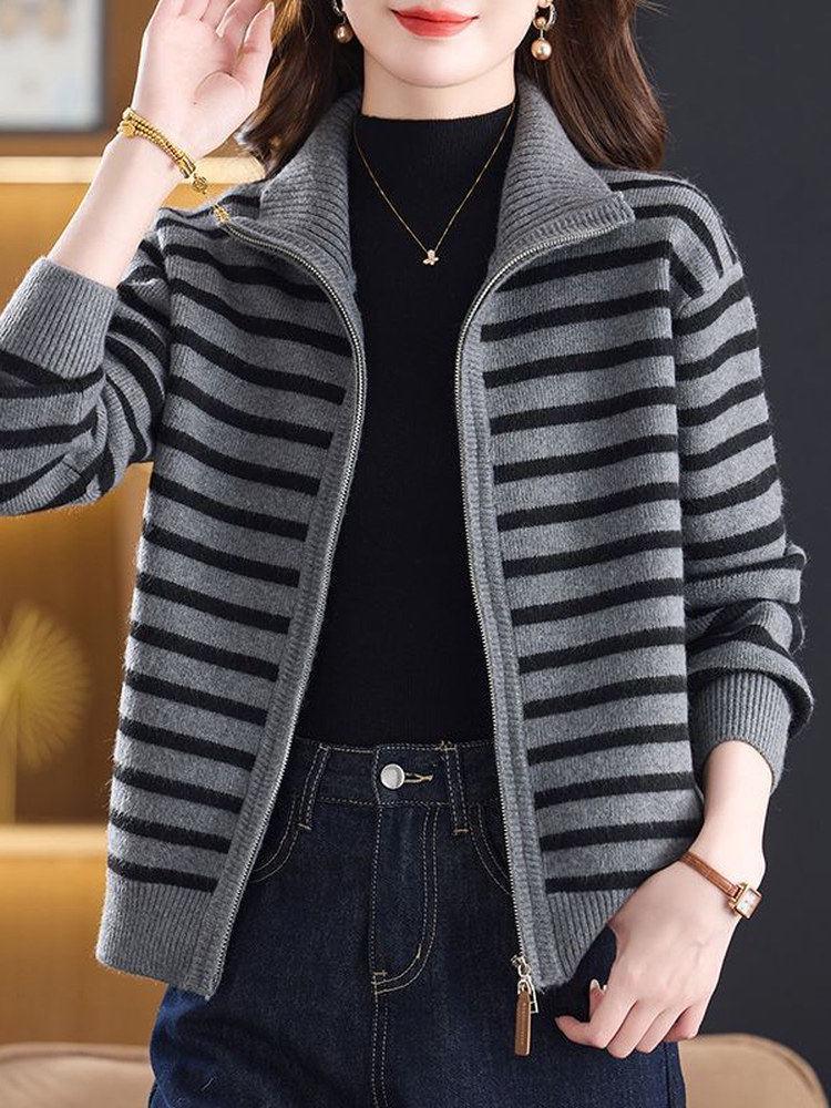 Korean Style Striped Knit Wool Cardigan - Autumn/Winter Zipper Sweater for Women