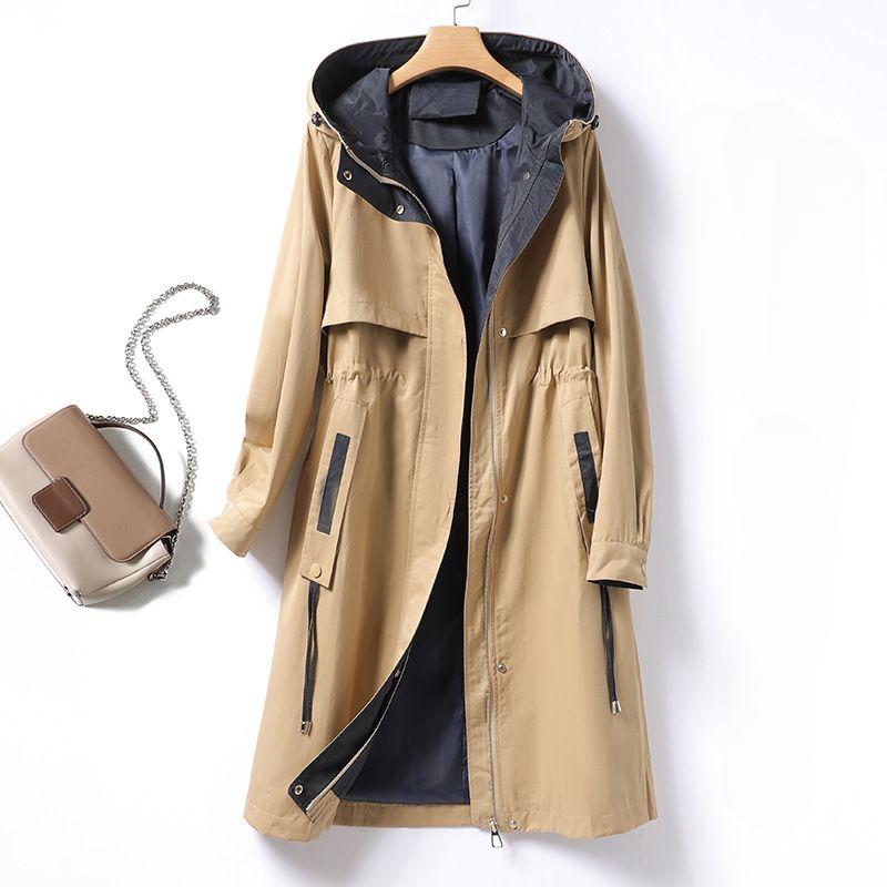Color-block Mid-Length Hooded Windbreaker for Women Loose Fit Korean Style Casual Outerwear