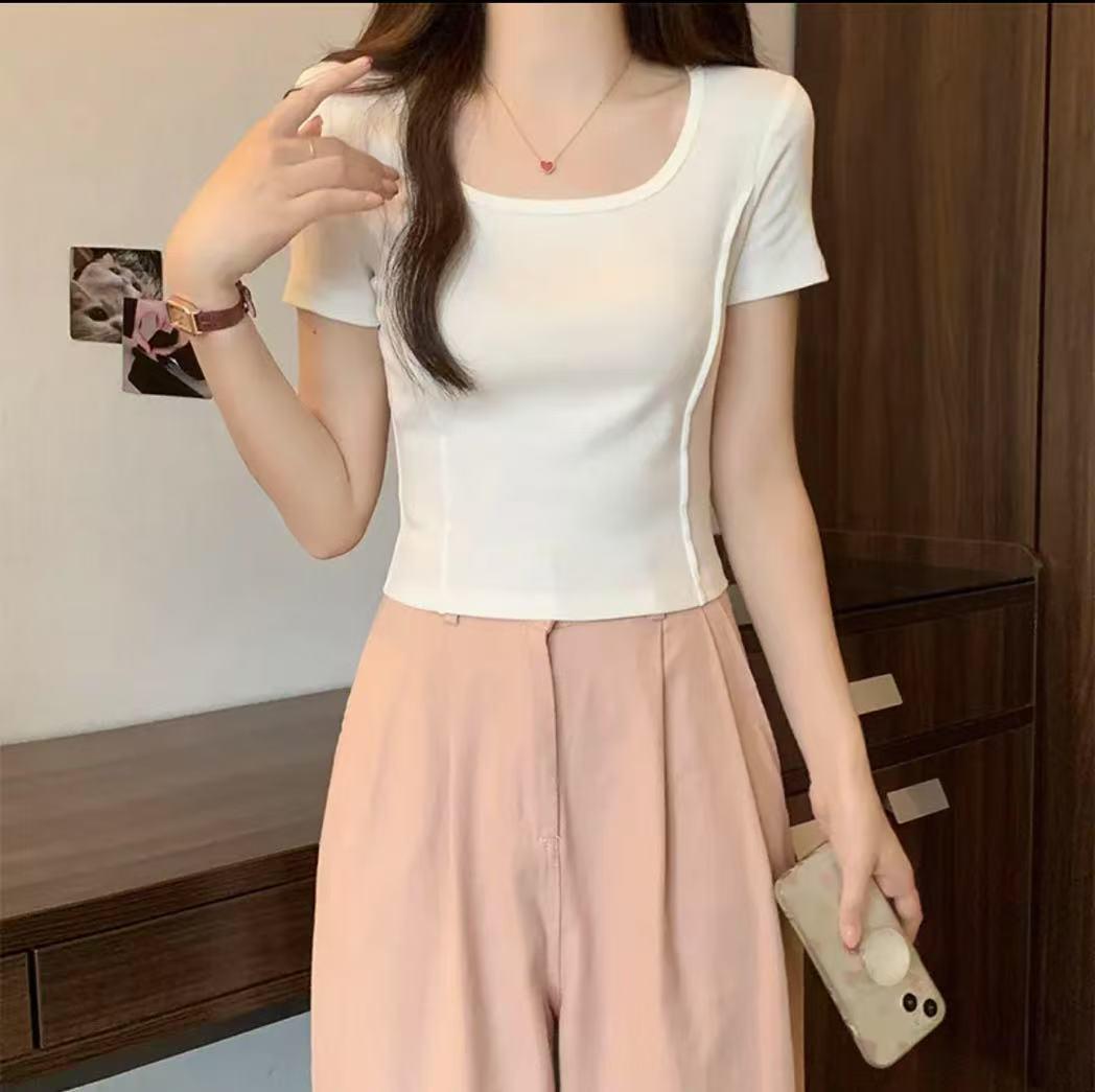 

Топ большого размера с квадратным вырезом, короткими рукавами, приталенный, укороченный для женщин S (Below 85 Jin)