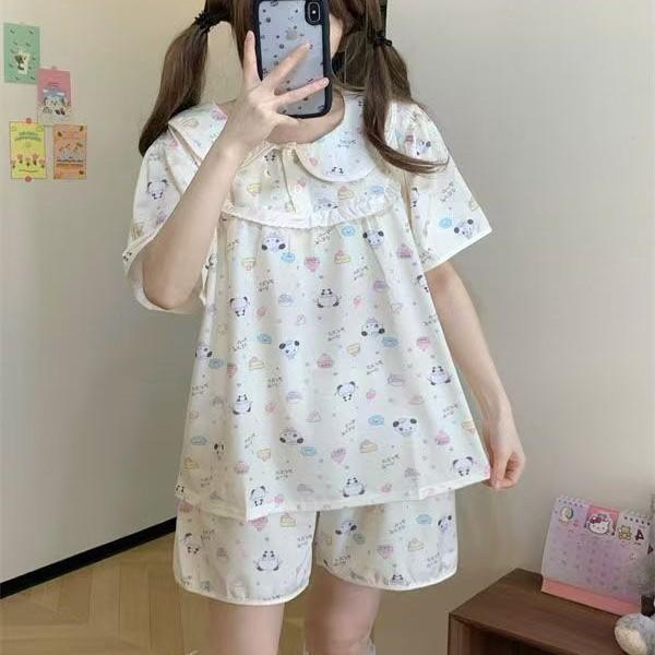 Sweet girl shaved ice bear pajamas women's summer short-sleeved shorts cute doll collar suit student dormitory loungewear