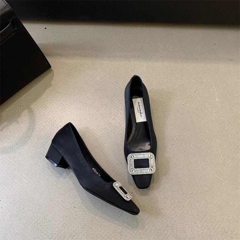 French Thick Heel Square Buckle Rhinestone Single Shoes Women's Shoes 2025 New Spring, Autumn and Winter Evening Temperament Black Commuter Shoes