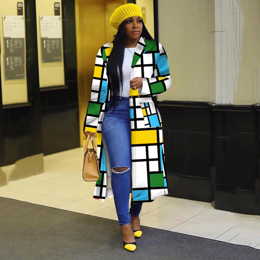 Plus Size Plaid Double-Breasted Lapel Trench Coat for Women - Autumn/Winter Collection