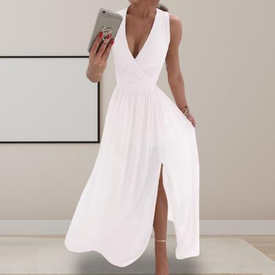 Women Evening Dress V Neck Sleeveless Pleated Split Hem Slim Waist Floor Length Solid Color Wedding Cocktail Party Prom Maxi Dress