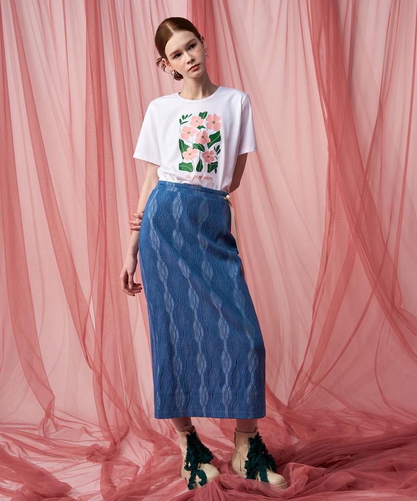Pelimela Denim Jacquard H-Line Midi Skirt (Blue)
