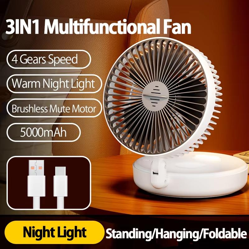 Foldable Wall-Mounted Fan Portable Desktop Fan With LED Light USB Rechargeable Portable Air Circulation Fan 4 Gears Adjustment