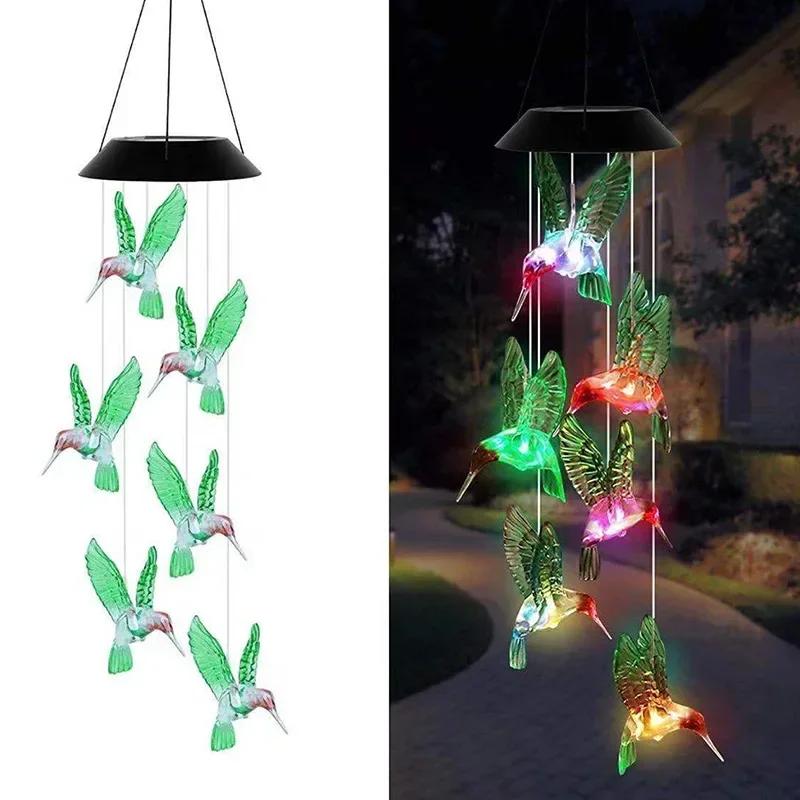 Christmas Solar Wind Chime Crystal Ball Hummingbird Wind Chime Lamp Waterproof Outdoor Use for Courtyard Garden Yard Decoration