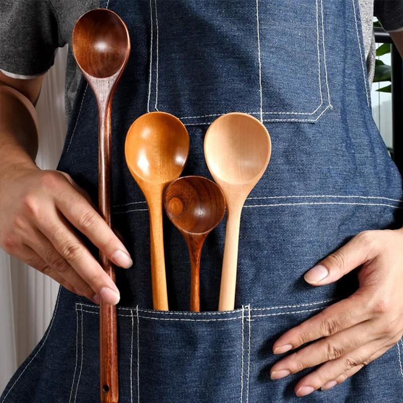 Korean Long Wooden Spoons Natural Coffee Stirring Rod Tea Dessert Spoon Handle Round for Soup Tableware Kitchen Supplies