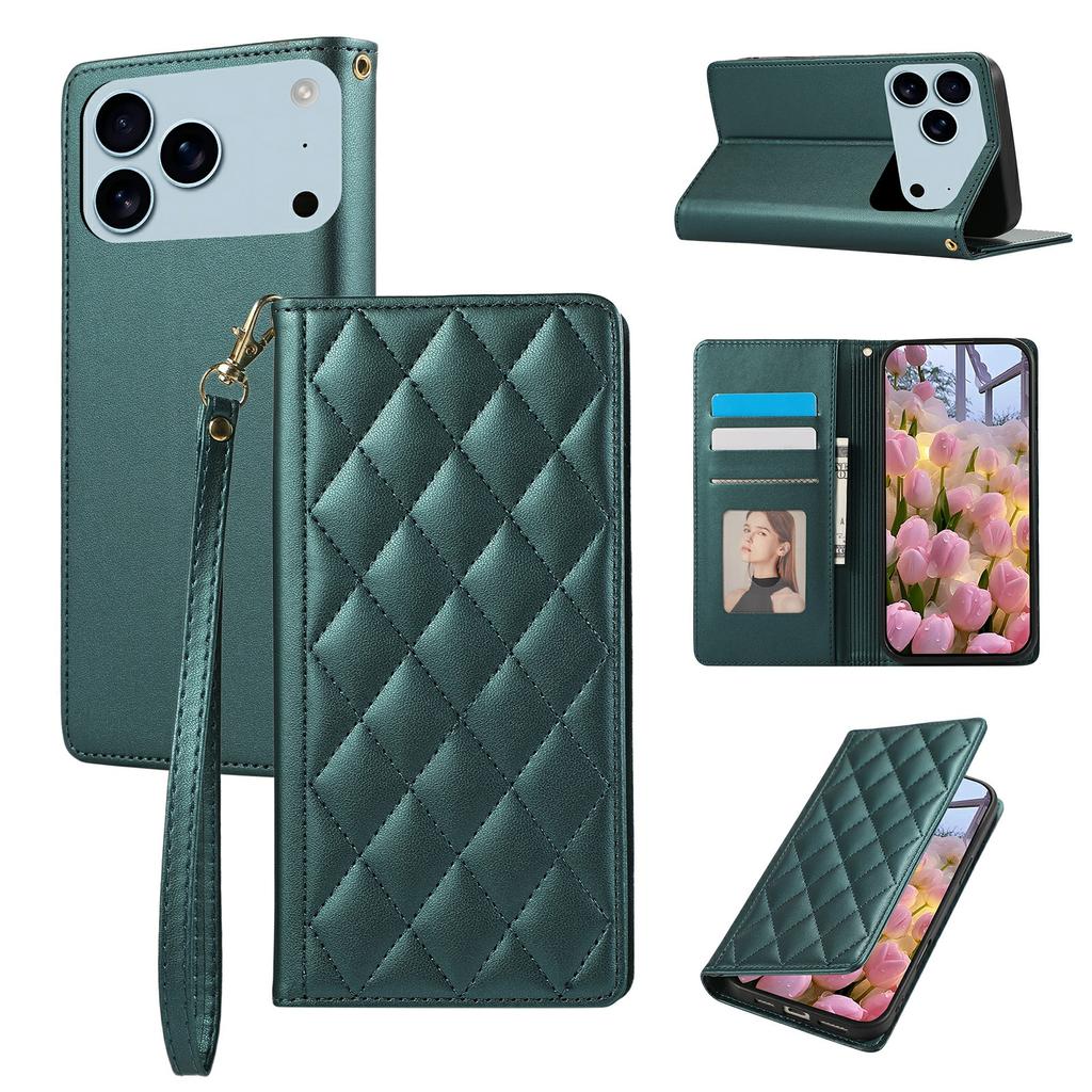 For iPhone 17 Pro Case RFID Blocking Wallet Stand Rhombus Leather Phone Cover with Wrist Strap