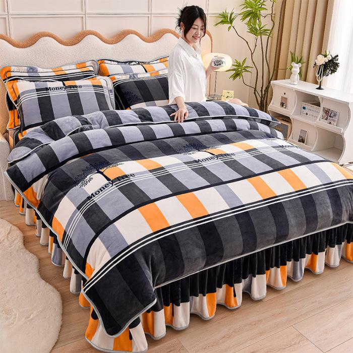 Thickened Milk Fleece Four-Piece Warm Double-Sided Coral Fleece Quilt Cover Flannel Sheet Bed Skirt Bedding
