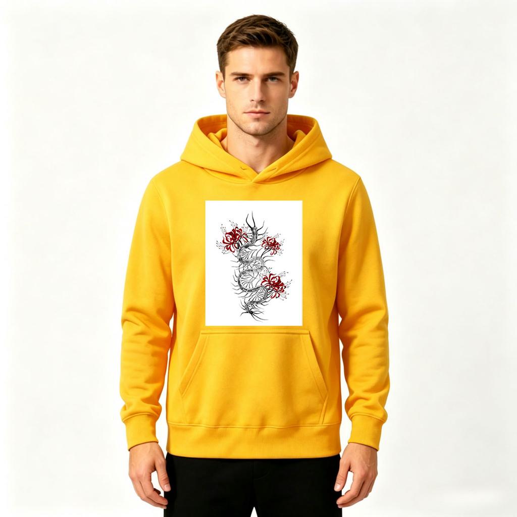 Men's Printed Pullover Hoodie, Stylish Dragon Red Spider Lily Pattern Casual Hooded Sweatshirt