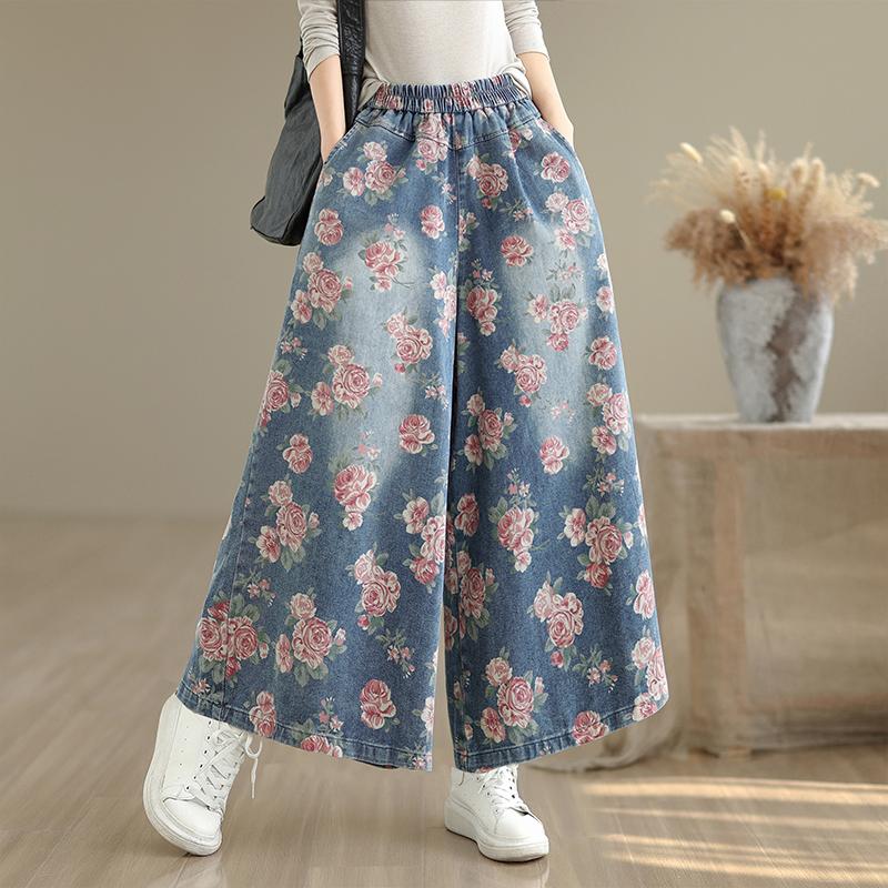 

DIMANAF 2025 Большой размер Осенние джинсы Новые длинные брюки Женские Свободные джинсовые брюки Большой размер Повседневные с цветочным принтом 2XL синий