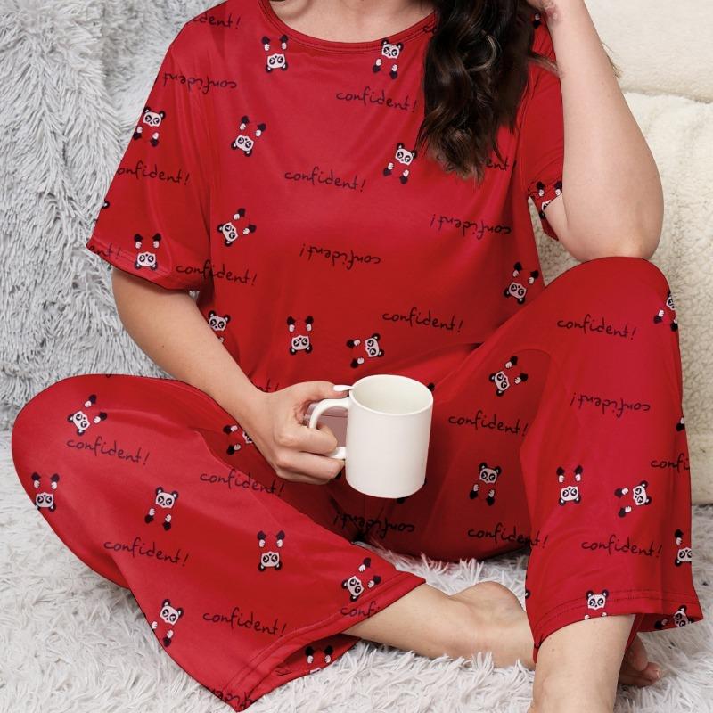 Women's Pajamas Casual Cartoon Print Loose Short Sleeve Trousers Home Suit
