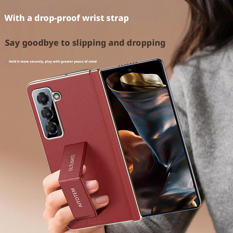 For Samsung Galaxy Z Fold SE Nappa Leather Case Finger Grip Strap Holder Auto-Rebound Hinge Camera Lens Protection Plated Cover
