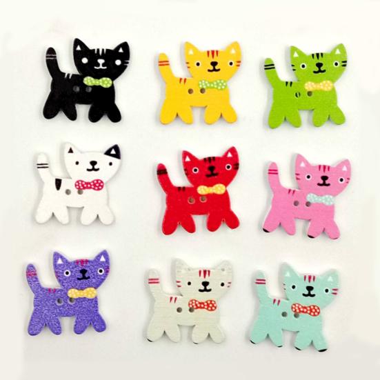 50 Pcs Mixed Color Cute Cat Kitten 2Holes Wood Sewing Buttons