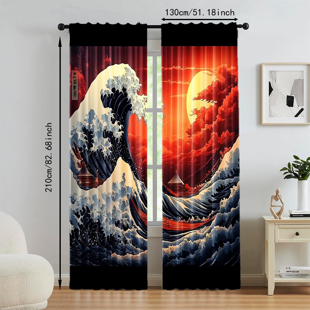 Set Of 2 Versatile Polyester Transparent Curtains Home Decoration Sunset Ocean Waves Japanese Art Use Bedrooms Made Bedroom Decor Window Treatment